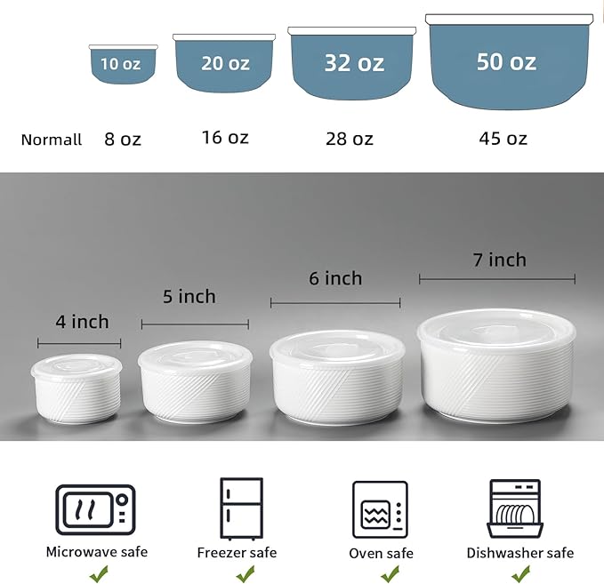 Ceramic Nesting Bowls with Lids: Mixing Bowls with Lids - Porcelain Food Storage Containers For Prep and Serving, Microwavable Kitchen Bowl Set of 4, 50/32/20/10 oz (White)