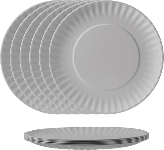 TP 6-Piece Melamine Plates Set, 10.5-Inch Reusable Dinner Plates for Picnic, Party, BBQ & Camping, Dishwasher Safe Lightweight Tableware, Grey