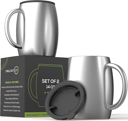 CHILLOUT LIFE Stainless Steel Insulated Coffee Mugs Set of 2 (14oz) – Double Wall Coffee Cups with Spill Resistant Lid & Strong Handle, Shatterproof Cups for Cold Drinks and Hot Beverages
