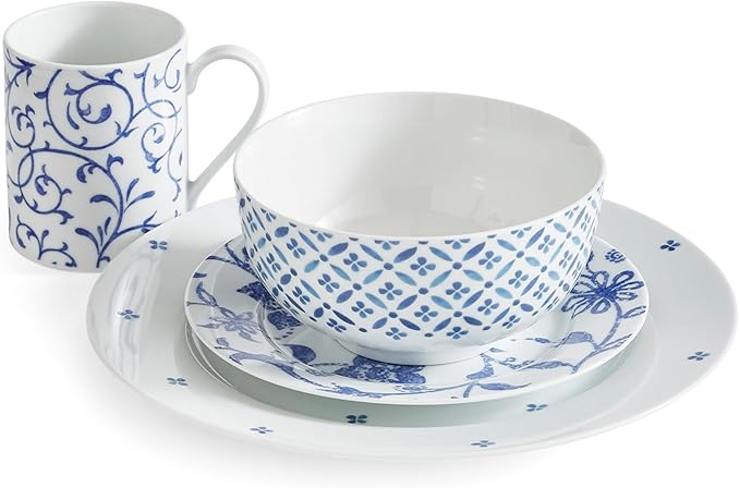 Portmeirion Home Collection 16 Piece Dinnerware Set - Blue Indigo Mix & Match Designs, Porcelain Dinner Plates, Salad Plates, Bowls & Mugs - Microwave, Dishwasher & Oven Safe, Modern Table Set