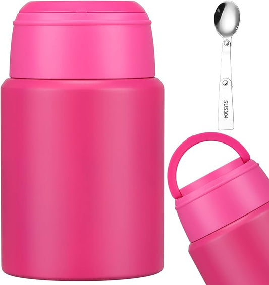 17oz Soup Thermo for Hot Food Kids Insulated Food Jar,Thermo Hot Food Lunch Container, Width Mouth Stainless Steel Lunch Box for Kids with Handle Folding Spoon(Rose Red-Pure)