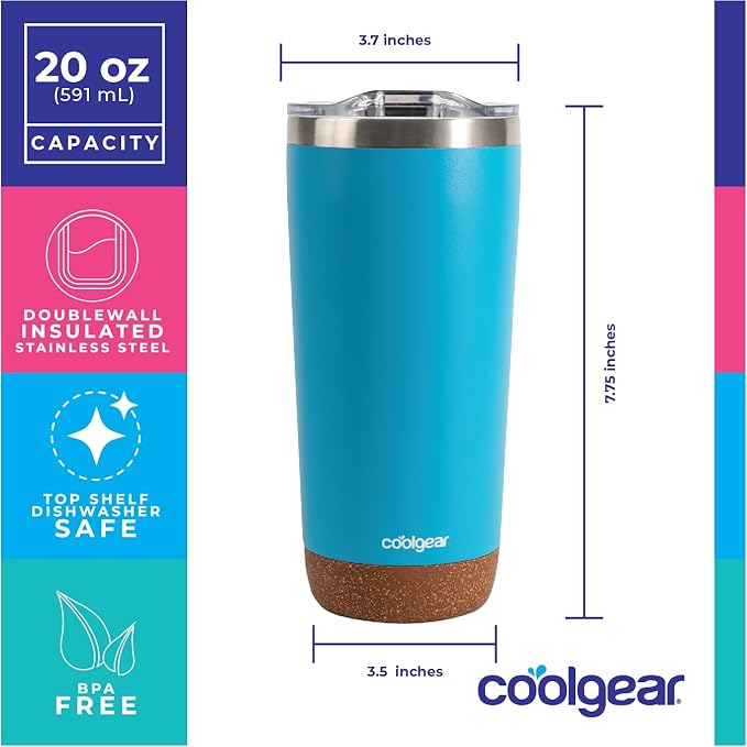 COOL GEAR Cork Bottom Coffee Mug Tumbler - American Designed - Stainless Steel - Dishwasher Safe - Copper Lined - BPA-Free Lid - 2 Pack - 20 oz - White
