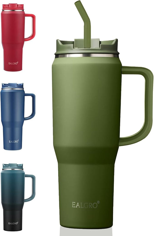 40 oz Tumbler with Handle, Insulated Tumblers with Lid and Straw, Large Metal Sports Water Bottle Jug, Thermal Stainless Steel Travel Coffee Mug Cup, Army Green