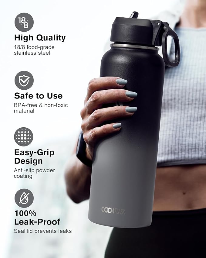 Water Bottle 40 oz Insulated with Straw&Brush, Coolflask Vaccum Stainless Steel Metal 3 Lids Water Flask for Sports, Gym or Office, Keep Cold 48H Hot 24H, Piano Night