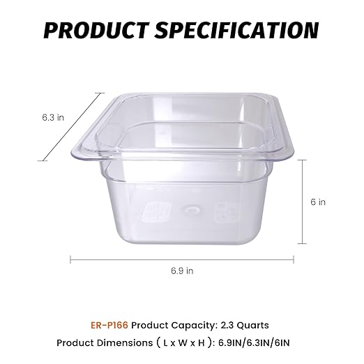 6-Pack Food Pan 1/6 Size Clear Polycarbonate Food Pans 6" Deep Commercial Hotel Pans for Party, Restaurant, Hotel