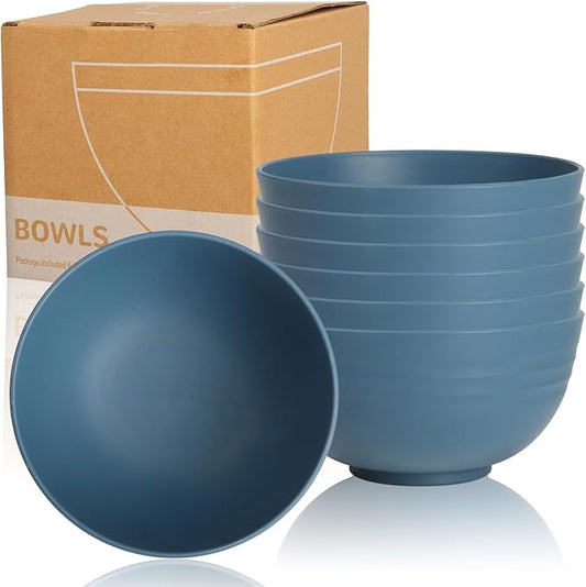 Wrova 6-piece Wheat Straw Bowls sets 26oz,Alternative Plastic Bowls Reusable for indoors and outdoors,Microwave-able and Dishwasher Safe Bowls Sets Easy to Clean.Blue Series