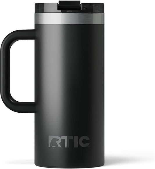 RTIC 16oz Road Trip Travel Mug with Lid and Handle, Ceramic Lined, Insulated, Stainless Steel, Metal, Double Wall Vacuum-Insulation, Portable Coffee, Tea Cup for Hot and Cold Drink, Black