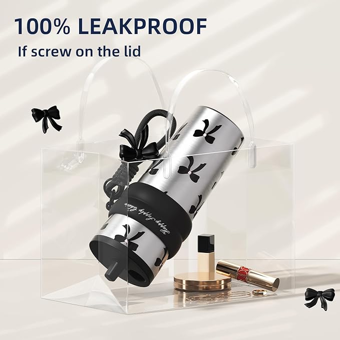 24 oz Stainless Steel Tumbler with Lid and Straw, Insulated Water Bottle Leak Proof for Hot and Cold, Portable Travel Coffee Mug, Reusable Coffee Cup for Women, Bow