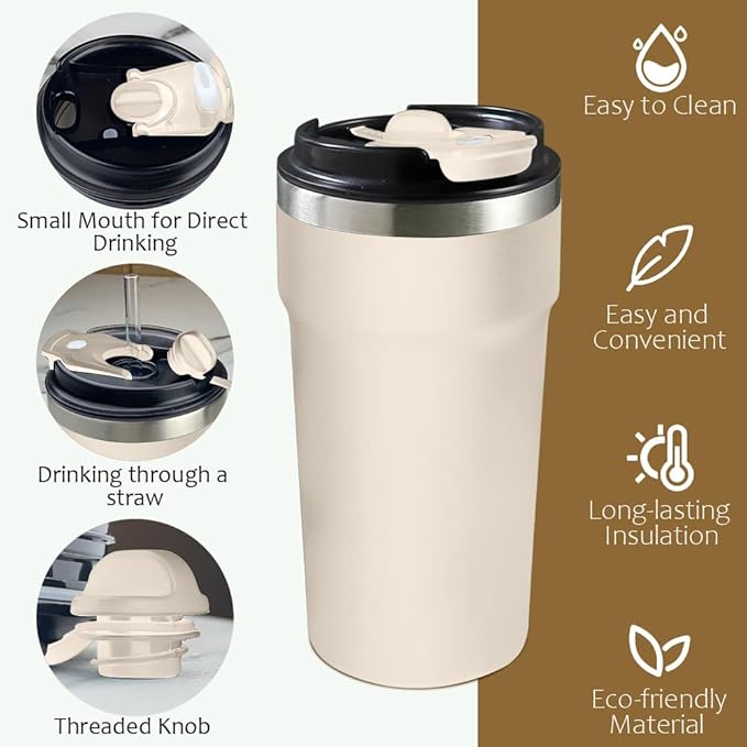 Travel coffee mugs leak-proof, reusable coffee cups with lids, stainless steel vacuum thermos coffe tumblers,thermal insulation cups for men and women hot & cold drinks (4th-White, 16OZ)