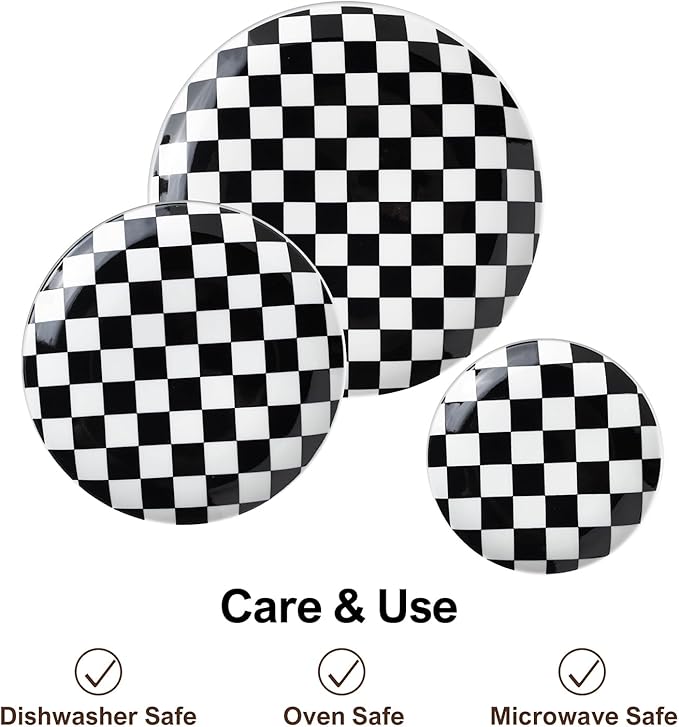 Black and White Checkered Small Dessert Plates Set of 6-6 Inch Ceramic Plates, Microwave & Dishwasher Safe, Minimalist Decorative Platters for Desserts
