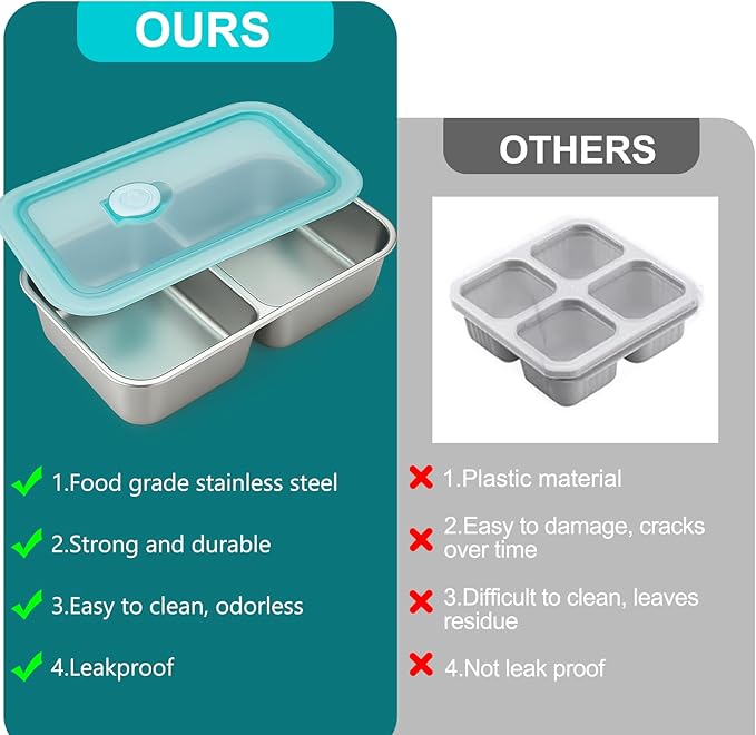 2Pcs Stainless Steel Snack Containers - Reusable Double Compartment Condiment Box with Lids for Kids Adults, Grab and Go Divided Snack Food Lunch Storage Containers Sauce Cups for School, Travel