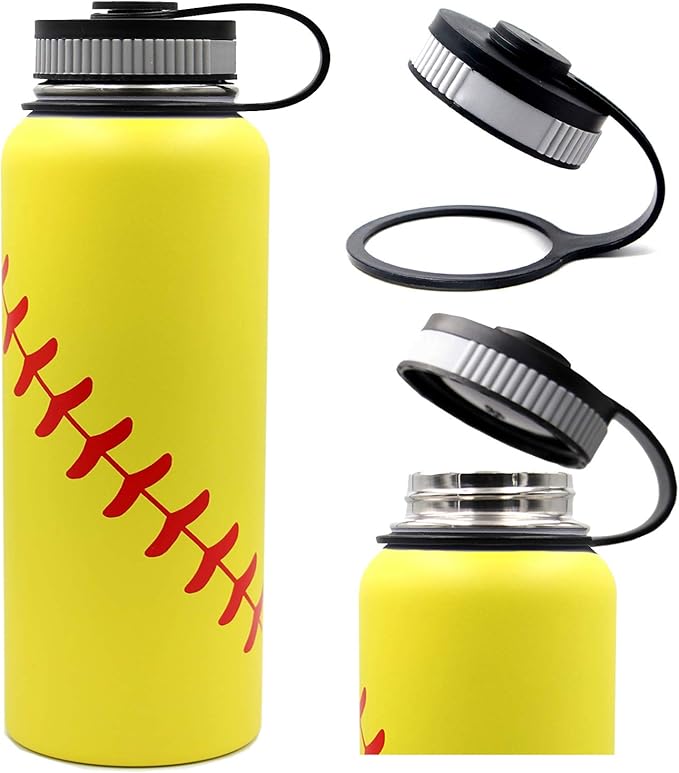 40 oz Softball Water Bottle, Wide Mouth Sports Flask Metal Thermo Travel Mug with 2 Lids, Stainless Steel Double Wall Vacuum Leak Proof Insulated Water Jug, Softball Stuff Gifts for Mom Men Boys Girls