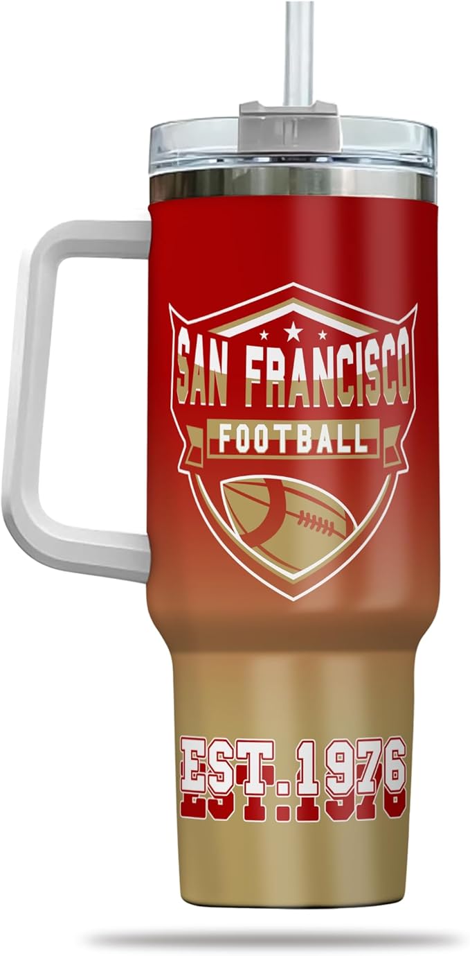 Custom 40oz Football Stainless Steel Tumbler with Handle & Straw, Personalized Insulated Travel Mug, Name & Number Cup, Tailgating Sports Gift (San Francisco Colors)