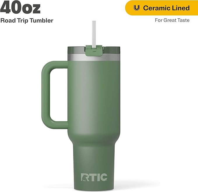RTIC 40 oz Road Trip Tumbler Double-Walled Cermaic Lined Insulated Stainless Steel Portable Travel Coffee Mug Cup with Lid, Handle and Straw, Sage