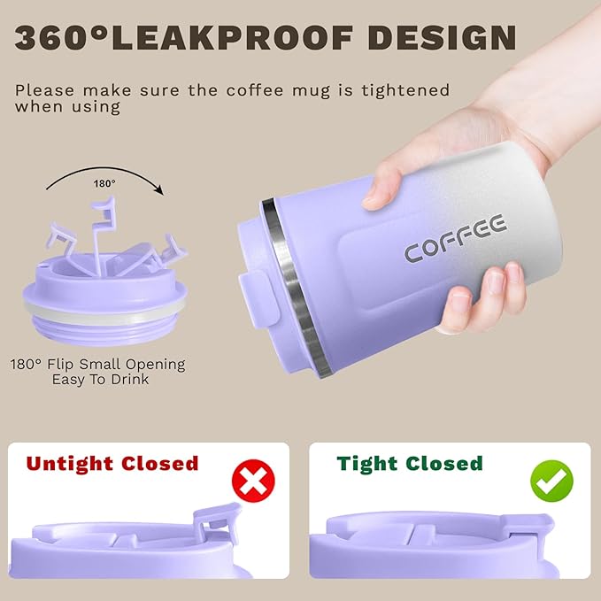 Travel coffee mugs leak-proof, reusable coffee cups with lids, stainless steel vacuum thermos coffee tumblers,thermal insulation cups for men and women hot & cold drinks (2nd-Purple White, 12OZ)
