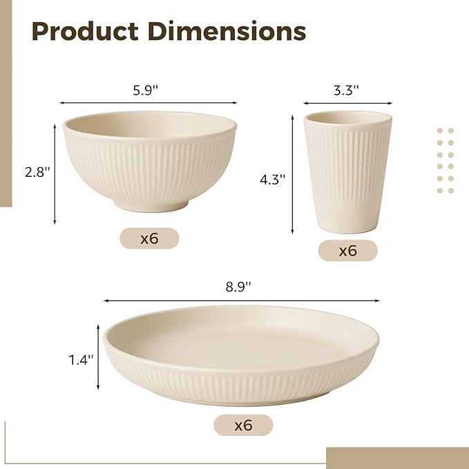 18 Pcs Wheat Straw Dinnerware Sets, Vertical Ribbed Dishware, Microwave Dishwasher Safe, BPA Free Unbreakable Dinner Plates, Bowls, Cups for Family Use