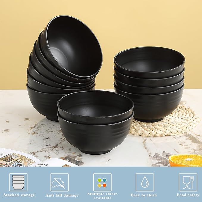 Berglander Black Plastic Bowls Set of 12 Pieces 25oz, Reusable and Sturdy Ramen Bowl, Soup Bowls, Cereal Bowl for Adult, Kids, Home, Restaurant, Garden, Picnic, Camping, Poolside, Outdoor