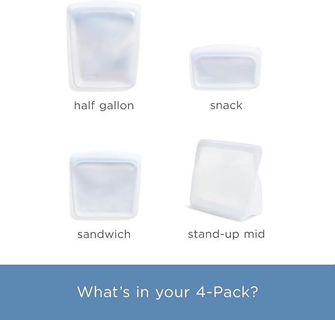 Stasher Premium Silicone Reusable Food Storage Bags, 4-Pack, Clear, Multi-Use Food Storage Bags, Lunch Bag, Travel Containers, BPA Free, Leak-free, Dishwasher-Safe, Eco-friendly
