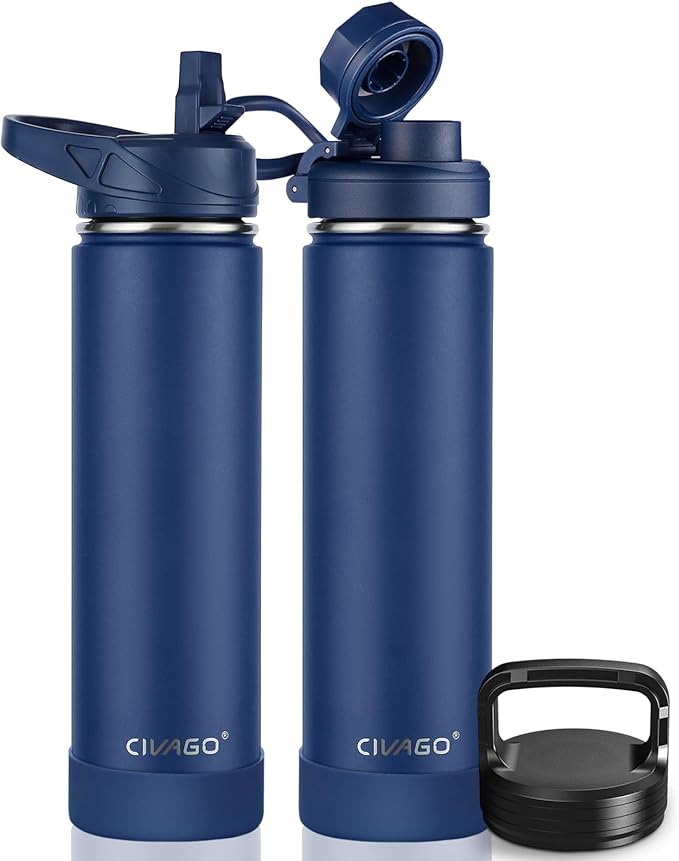 CIVAGO 24 oz Insulated Water Bottle With Straw, Stainless Steel Sports Water Flask Cup with 3 Lids (Straw, Spout and Handle Lid), Double Walled Travel Thermal Canteen Mug, Navy