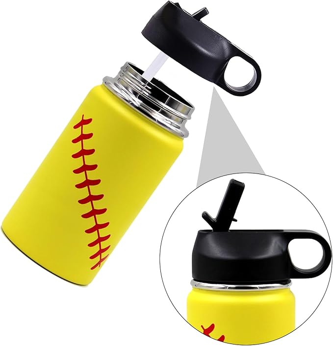 12 oz Softball Water Bottle, Metal Sports Flask Thermo Travel Tumbler with 2 Lids, Stainless Steel Double Wall Vacuum Insulated Leak Proof Water Bottles, Softball Accessories Gifts for Boys Girls