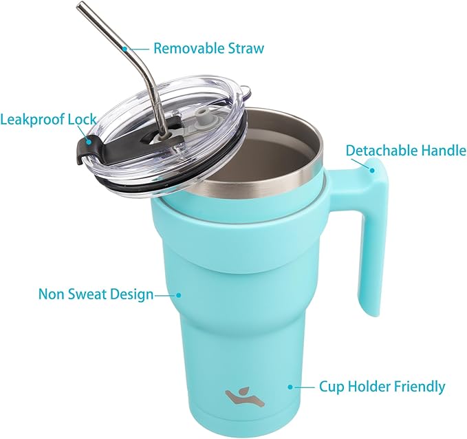 30 oz Tumbler with Handle and 2 Straw 2 Lid, Insulated Water Bottle Stainless Steel Vacuum Cup Reusable Travel Mug,Turquoise