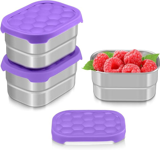 TeamFar 3 PCS Stainless Steel Snack Containers for Kids, 8oz /230ml Food Container with Easy Open Leakproof Silicone Lid, Metal Small Toddler Lunch Box for Daycare School, Healthy & Portable, Purple