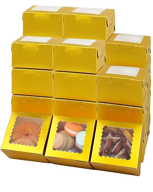 Bakepacker 60pcs Gold Bakery Boxes with Window 4x4x2.5 inches Thick & Sturdy Macaroon Pastry & Cookie Boxes