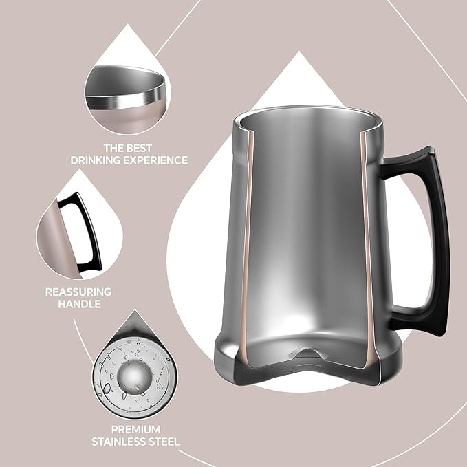 Ideus Insulated Beer Stein, 24/32oz Stainless Steel Double Walled Beer Mug Giant Bar Drinkware Metal Beer Cup with Big Grip Handle (34oz (1,000ml), Dusty Pink)