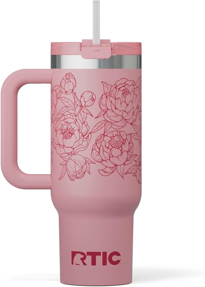 RTIC 30 oz Road Trip Tumbler Double-Walled Ceramic Lined InsulatedStainless Steel Portable Travel Coffee Mug Cup with Lid, Handle and Straw, Pink Peonies