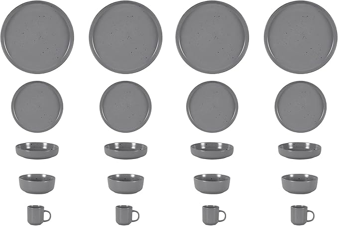 HomeVss, Nordic Shape Rising Rim Stoneware 20pc Dinnerware Set, Matte Grey with Speckle Finished Effect