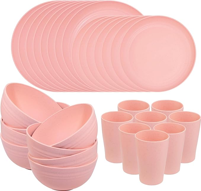 Supernal Pink Wheat Straw Dinnerware Sets,Unbreakable Dishes for 8, Plate and Bowls Sets, Reusable Plates, Microwave Dishwasher Safe Plates,Plastic Dinnerware Set, Pink Plastic Tableware