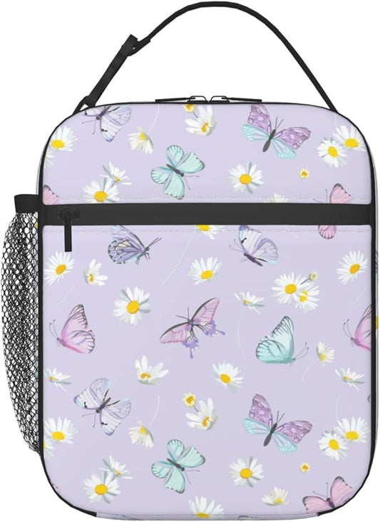 SUPLUCHOM Lunch Bag Butterfly Daisy Flower Purple Insulated Bag Girl Women Reusable with Side Pocket for Work School Picnic Hiking Daytrip Over 3 Years Old