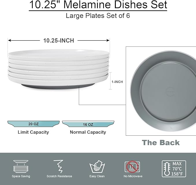 Webbylee 10.25" Melamine Dinner Plates Set of 6 - Durable Serving Dishes Perfect for Kitchen Outdoor Use, Dishwasher Safe,Scratch Resistant-White & Grey