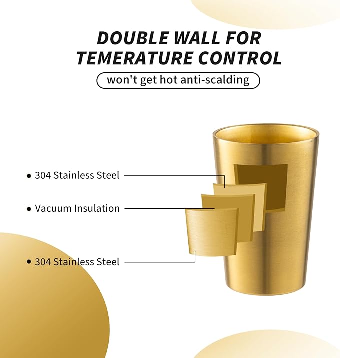 6 Pack 12 oz Stainless Steel Insulated Cup, Double Wall Vacuum Small Metal Cup, Reusable Camping Cups Unbreakable Indoor Outdoor for Party, Home, Office, BBQ, Gold