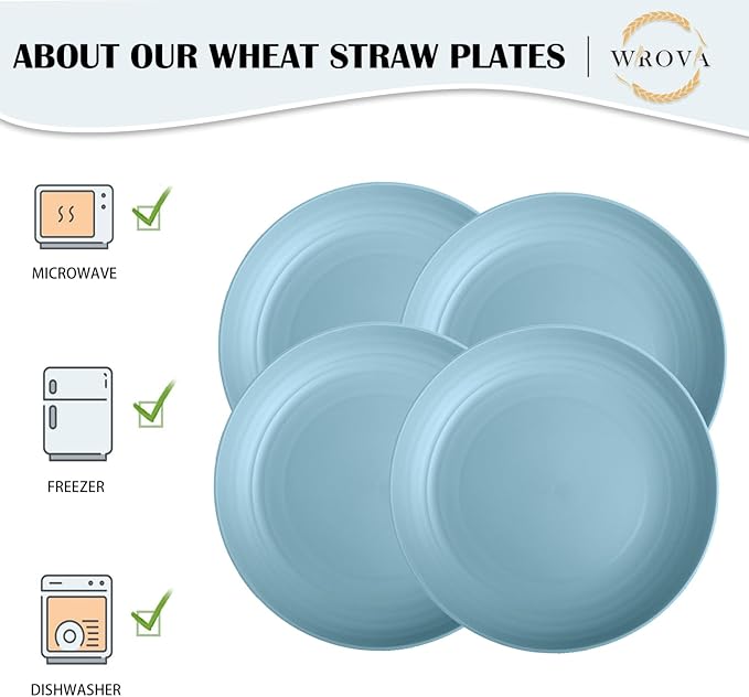 Wrova Wheat Straw Plates - 10 Inch Unbreakable Deep Dinner Plate Set of 8 - Dishwasher & Microwave Safe Plastic Plates Reusable - Lightweight Plate for Kitchen,Outdoor, RV. (Light Blue)