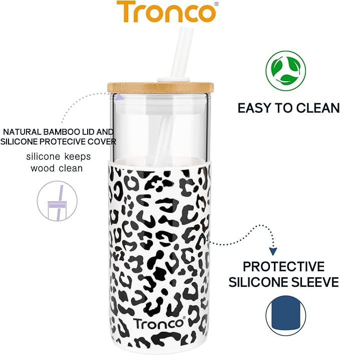 Tronco 20 oz Glass Tumbler with Lid and Straw, Iced Coffee Cup and Smoothie Cup with Bamboo Lids & Protective Silicone Sleeve, Dishwasher Safe, BPA-Free, Glass Cup 1 Pack