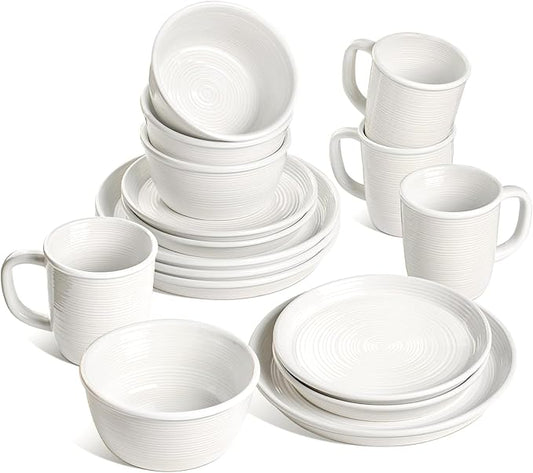 LE TAUCI 16-Piece Ceramic Cups and Plates sets for Kitchen, Service for 4 – White Farmhouse Deeper Plates & Bowls (10" Dinner, 8" Salad, 6" Bowls, 18 oz Mugs), Stackable, Chip Resistant Stoneware