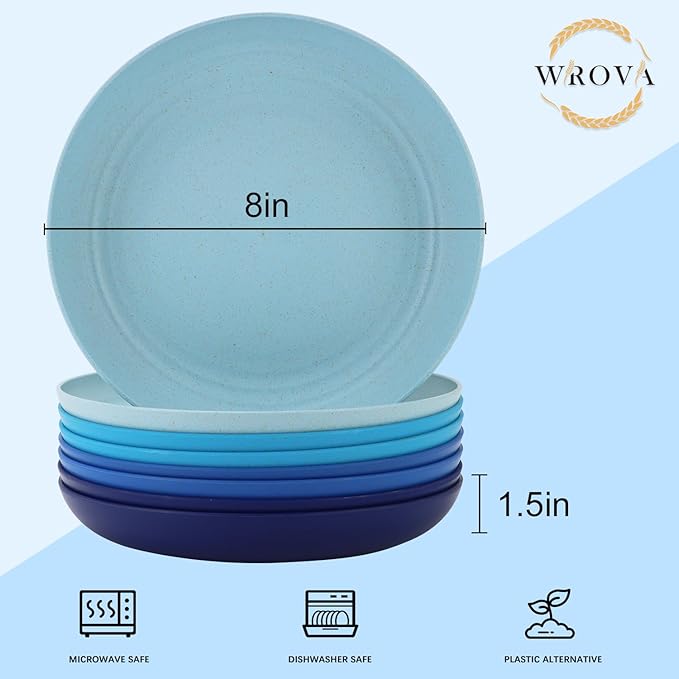 Wheat Straw Plates - 8 Inch Unbreakable Dinner Plates Set of 8 - Dishwasher & Microwave Safe Plastic Plates Reusable - Lightweight Kids Plates for kitchen,R.V. (Ocean)