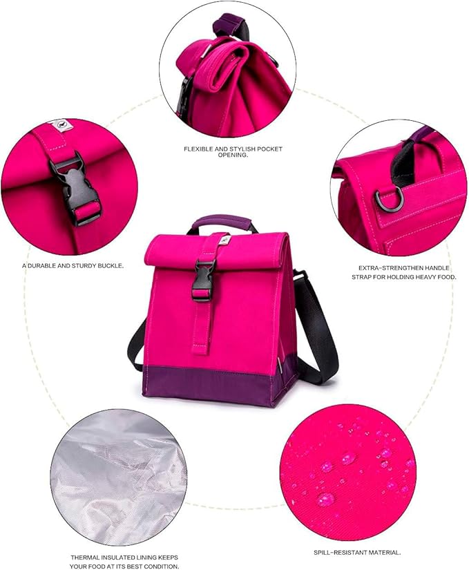 SUNNY BIRD Insulated Lunch Bag Rolltop Lunch Box Tote Lunchbox Bag for Women, Girls, Teens and Kids (Purple)