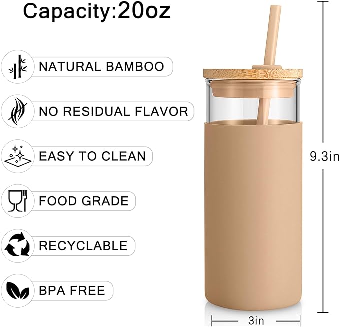 Tronco 20 oz Glass Tumbler with Lid and Straw, Iced Coffee Cup and Smoothie Cup with Bamboo Lids & Protective Silicone Sleeve, Dishwasher Safe, BPA-Free, Glass Cup 2 Pack