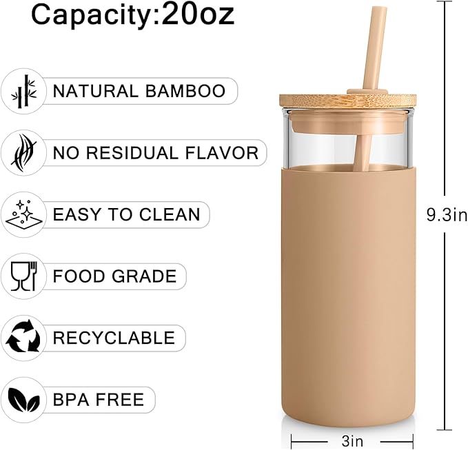 Tronco 20 oz Glass Tumbler with Lid and Straw, Iced Coffee Cup and Smoothie Cup with Bamboo Lids & Protective Silicone Sleeve, Dishwasher Safe, BPA-Free, Glass Cup 1 Pack