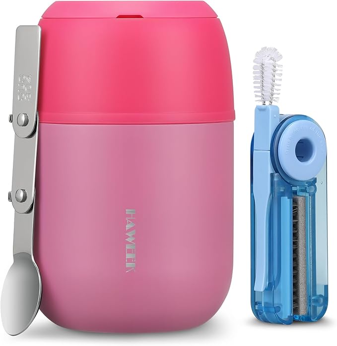 17oz Soup Thermo for Hot Food Adults Insulated Food Jar Thermo Hot Food Lunch Container Wide Mouth Stainless Steel Lunch Box for Kids with Folding Spoon Cleaning Brush Pink