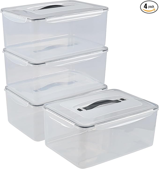 4-Pack Sealed Food Storage Containers with Lid, Clear Airtight Plastic Storage Boxes Bin with Handle
