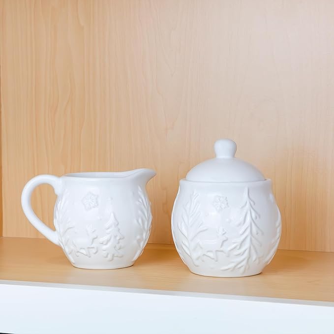 AuldHome Design Reindeer Christmas Cream and Sugar Set; Ceramic Embossed White Serving Sugar Bowl and Cream Pitcher