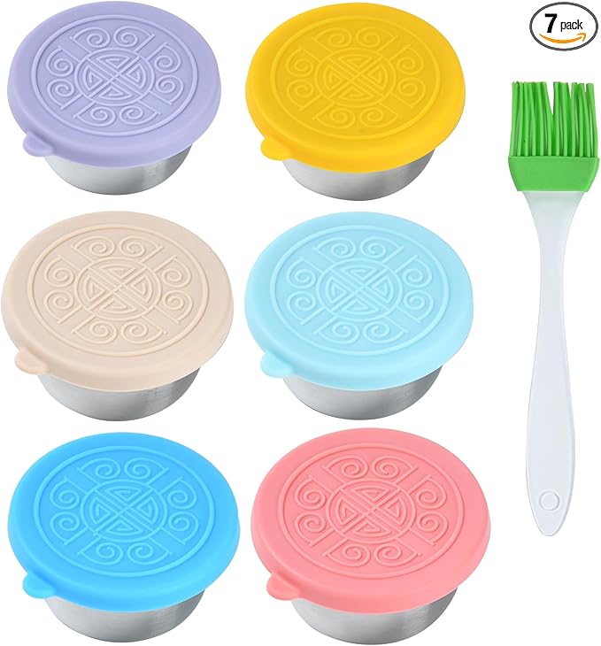 Stainless steel sauce bottle with brush - leak-proof 6x1.6oz Outdoor barbecue oil brush bottle with silicone lid and brush Portable dipping sauce container Children's snack portioning box