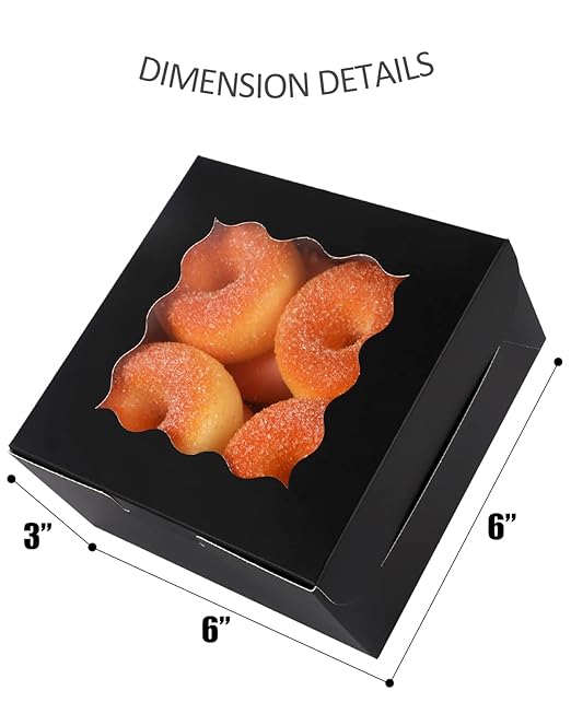 qiqee Black Bakery Box with Window 60packs 6x6x3 Black Cookie Boxes Pastry Box for Wedding Favor Birthday ＆ Party