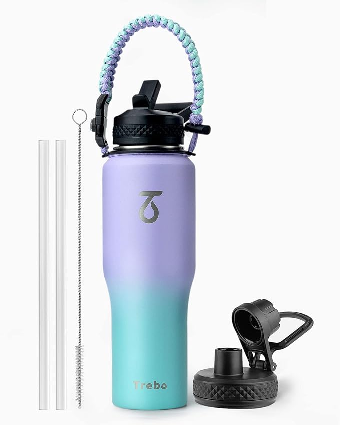 Trebo 32oz Insulated Water Bottle that Fits in Cup Holder, Stainless Steel Double Wall Tumbler Bottles with Paracord Handle, Flask with Straw Spout Lids, Keep Cold for 48 Hrs/Hot 24 Hrs,Cotton Candy