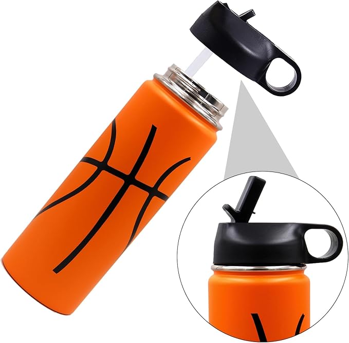 22 oz Basketball Water Bottle, Metal Thermo Travel Tumbler Sports Flask with 2 Lids, Stainless Steel Double Wall Vacuum Insulated Leak Proof Water bottles, Basketball Accessories Gifts for Boys Girls