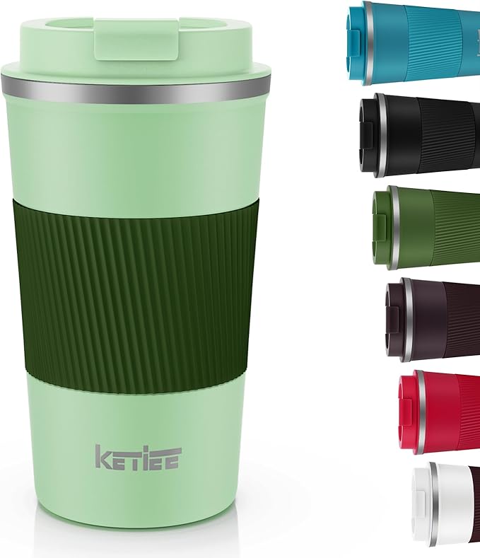 KETIEE 12oz Travel Mug, Insulated Coffee Cup with Leakproof Lid, Travel Coffee Mug Vacuum Stainless Steel Double Walled Reusable Tumbler for Hot and Cold Drinks (Green)
