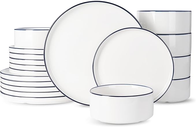Famiware Porcelain Dinnerware Set, 18-Piece Modern Plate and Bowl Set, dish set for 6, Microwave and Dishwasher Safe Tableware, White with Blue Trim